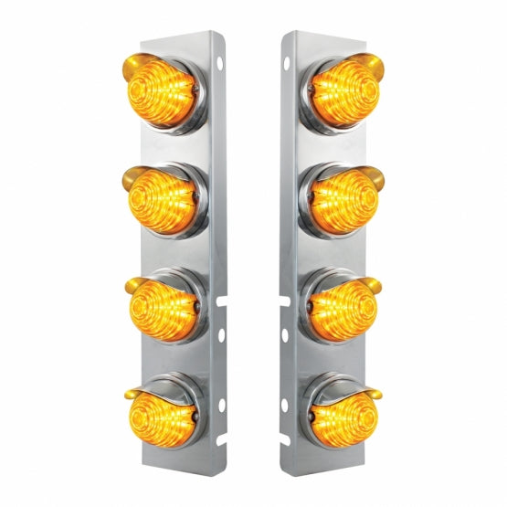 SS Front Air Cleaner Bracket With 8X 17 Amber LED Beehive Lights & SS Visors For Peterbilt -Amber Lens