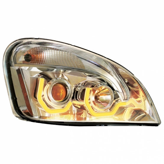 Chrome Projection Headlight W/Dual Function Amber LED Position Lights For 2008-17 FL Cascadia - Passenger