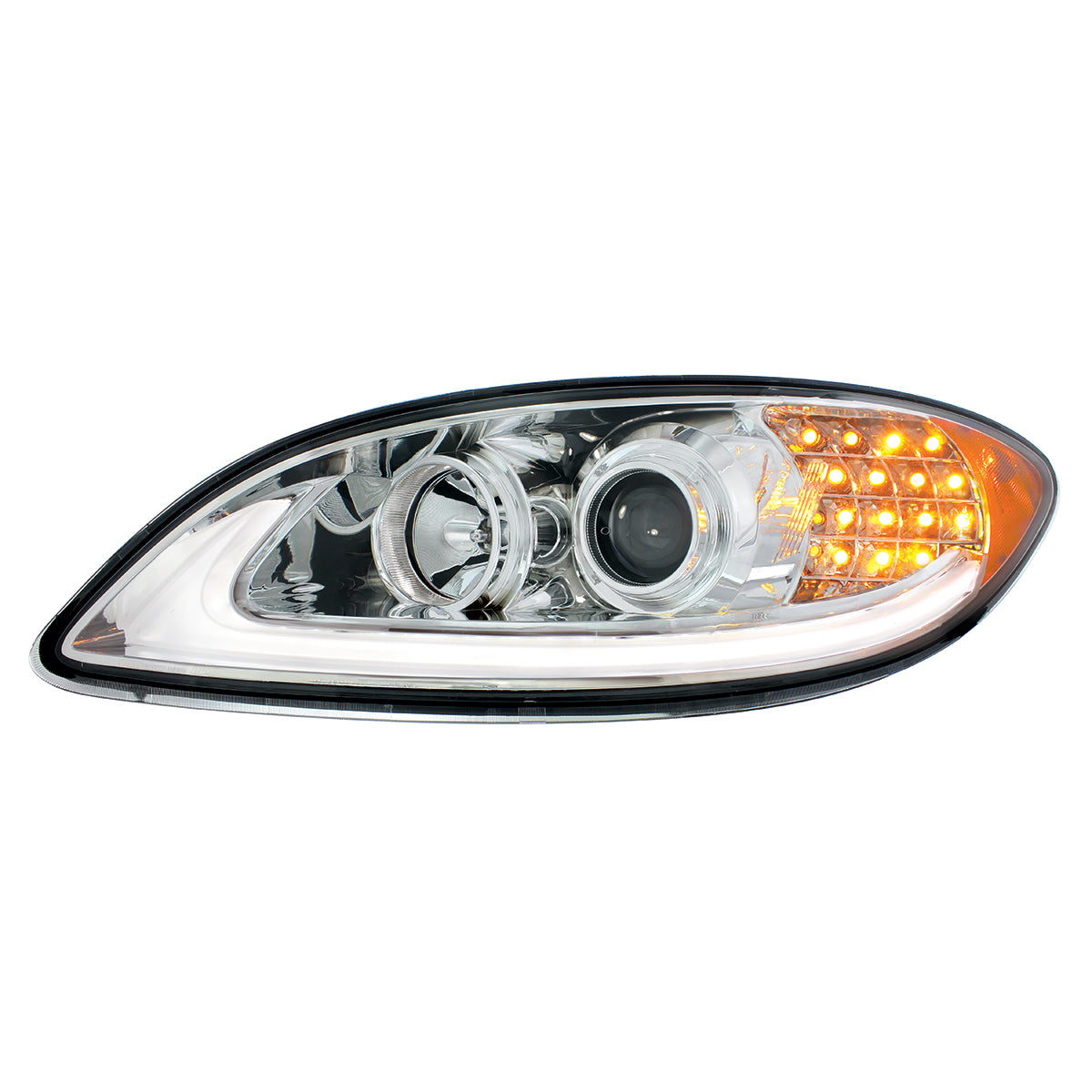Chrome Projection Headlight With LED Turn Signal & Light Bar For 2006-2017 International Prostar - Driver
