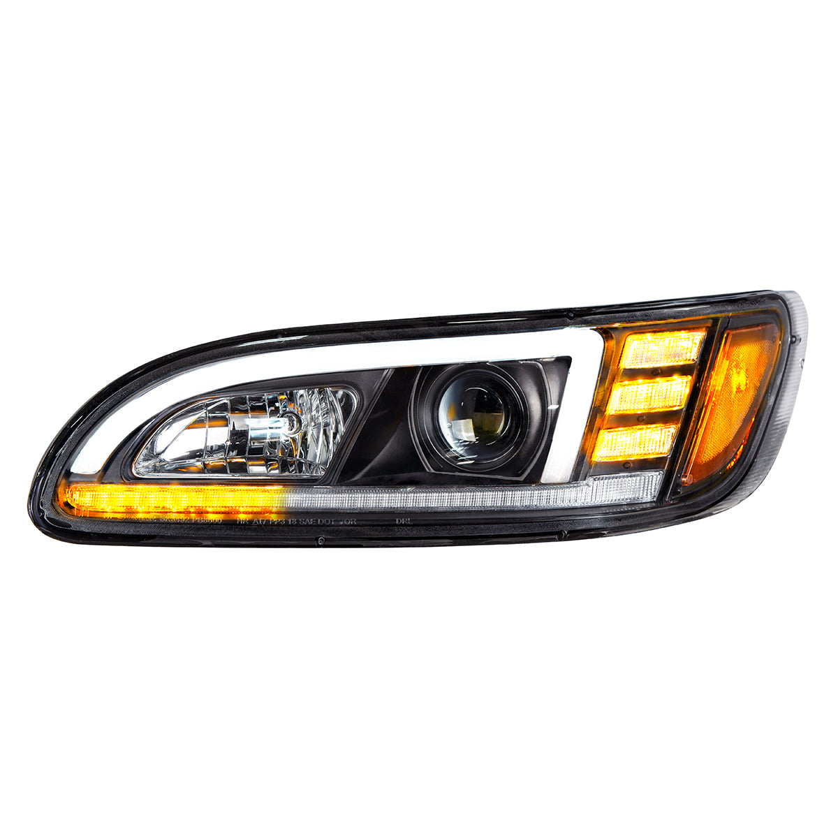 Black Projection Headlight With LED Sequential Turn & DRL For 2005-2015 Peterbilt 386 - Driver