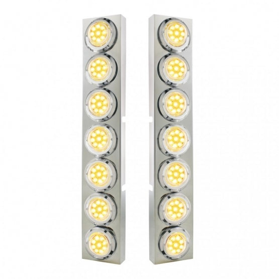 SS Front Air Cleaner Bracket With 14X 9 Amber LED 2" Reflector Lights & Bezel For KW Trucks -Clear Lens