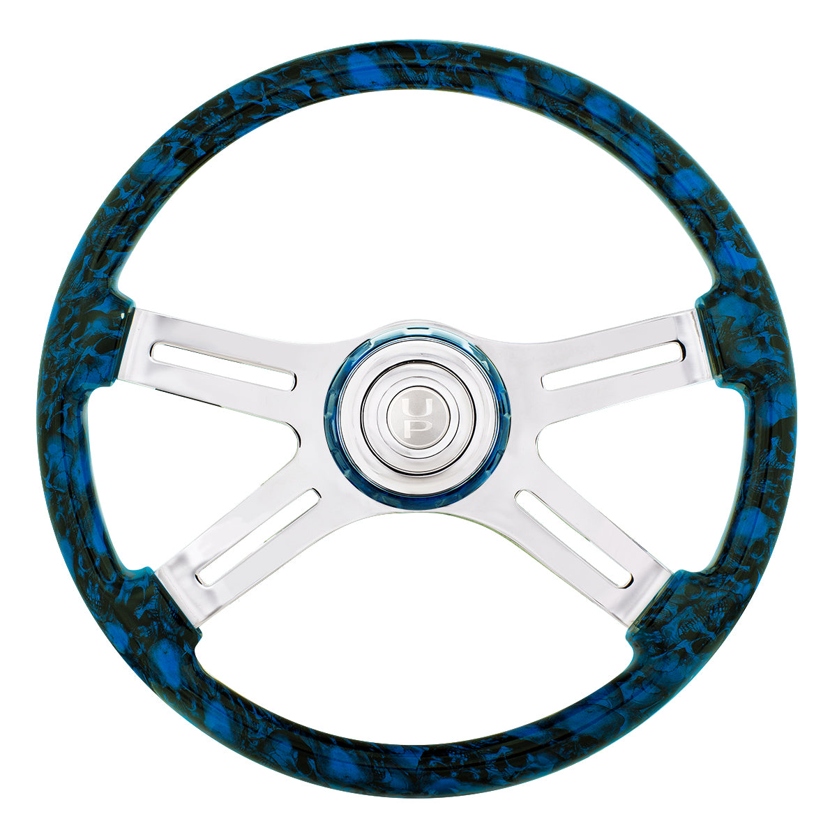 18" 4 Spoke Skull Steering Wheel With Matching Skull Horn Bezel - Blue