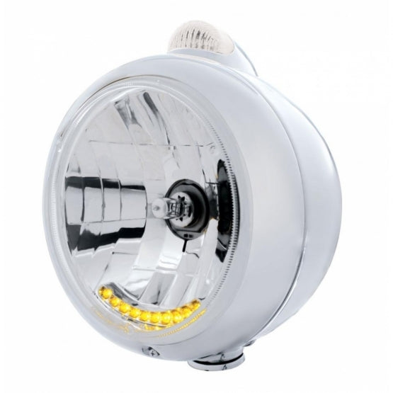 Stainless Steel Guide 682-C Headlight H4 With 6 Amber LED & LED Signal - Clear Lens