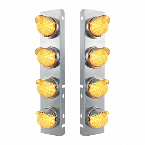 SS Front Air Cleaner Bracket With 8X 17 Amber LED Beehive Lights & SS Visors For Peterbilt -Clear Lens