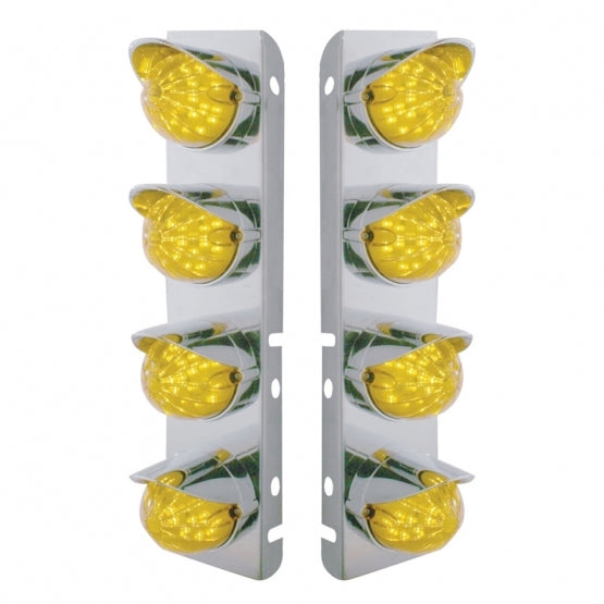SS Front Air Cleaner Bracket With 8X 17 Amber LED Dual Function Reflector Lights & SS Visors For Peterbilt-Amber Lens