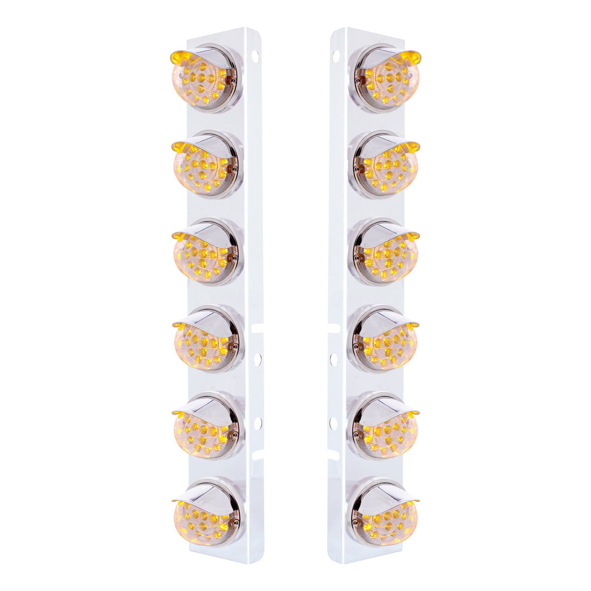 SS Front Air Cleaner Bracket With 12X 17 Amber LED Dual Function Reflector Lights & SS Visors For Peterbilt-Clear Lens