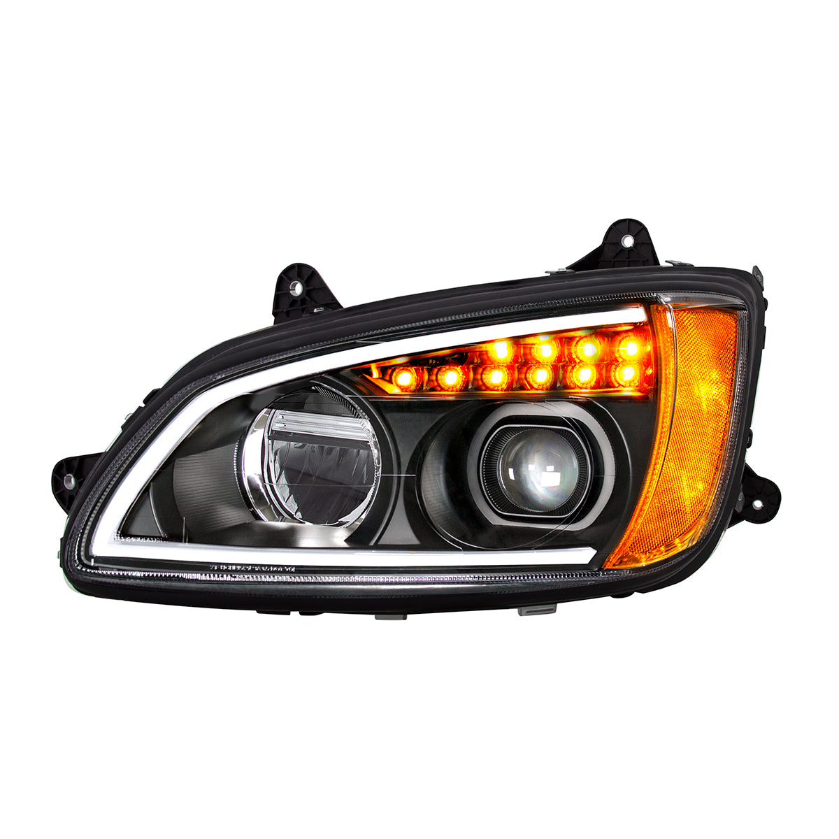 Black Full LED Projection Headlight With Turn Signal & Position Light Bar For 2008-2017 Kenworth T660 - Driver
