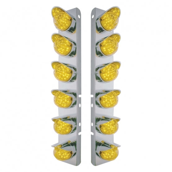 SS Front Air Cleaner Bracket With 12X 19 LED Bullet Style Lights & Visors For Peterbilt-Amber LED & Lens