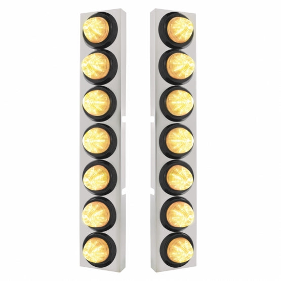 SS Front Air Cleaner Bracket With 14X 9 LED 2" Beehive Lights Bezel For KW Trucks -Amber LED/Clear Lens