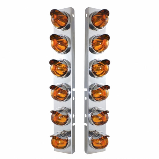 SS Front Air Cleaner Bracket With 12X Glass Watermelon Lights & SS Visors For Peterbilt-Amber Lens
