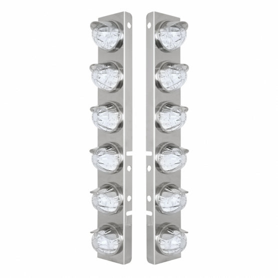 SS Front Air Cleaner Brkt With 12X 17 Amber LED Dual Func. Watermelon Lights & SS Visors For Peterbilt-Clear Lens