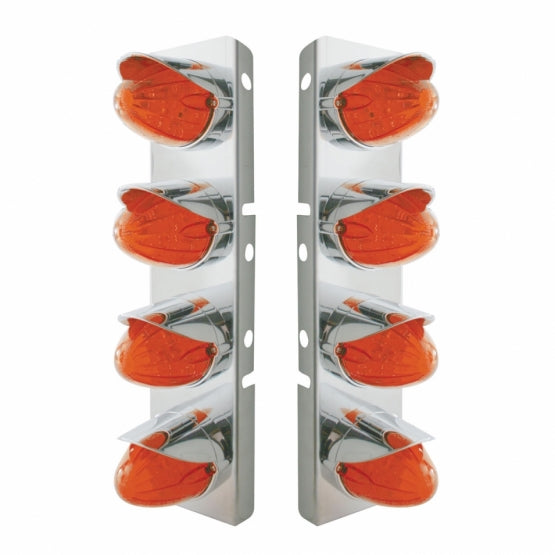 SS Front Air Cleaner Bracket With 8X 19 LED Watermelon Lights & Visors For Peterbilt-Amber LED/Dark Lens