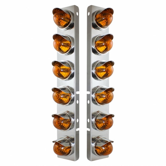 SS Front Air Cleaner Bracket With 12X Glass Beehive Lights & SS Visors For Peterbilt-Amber Lens
