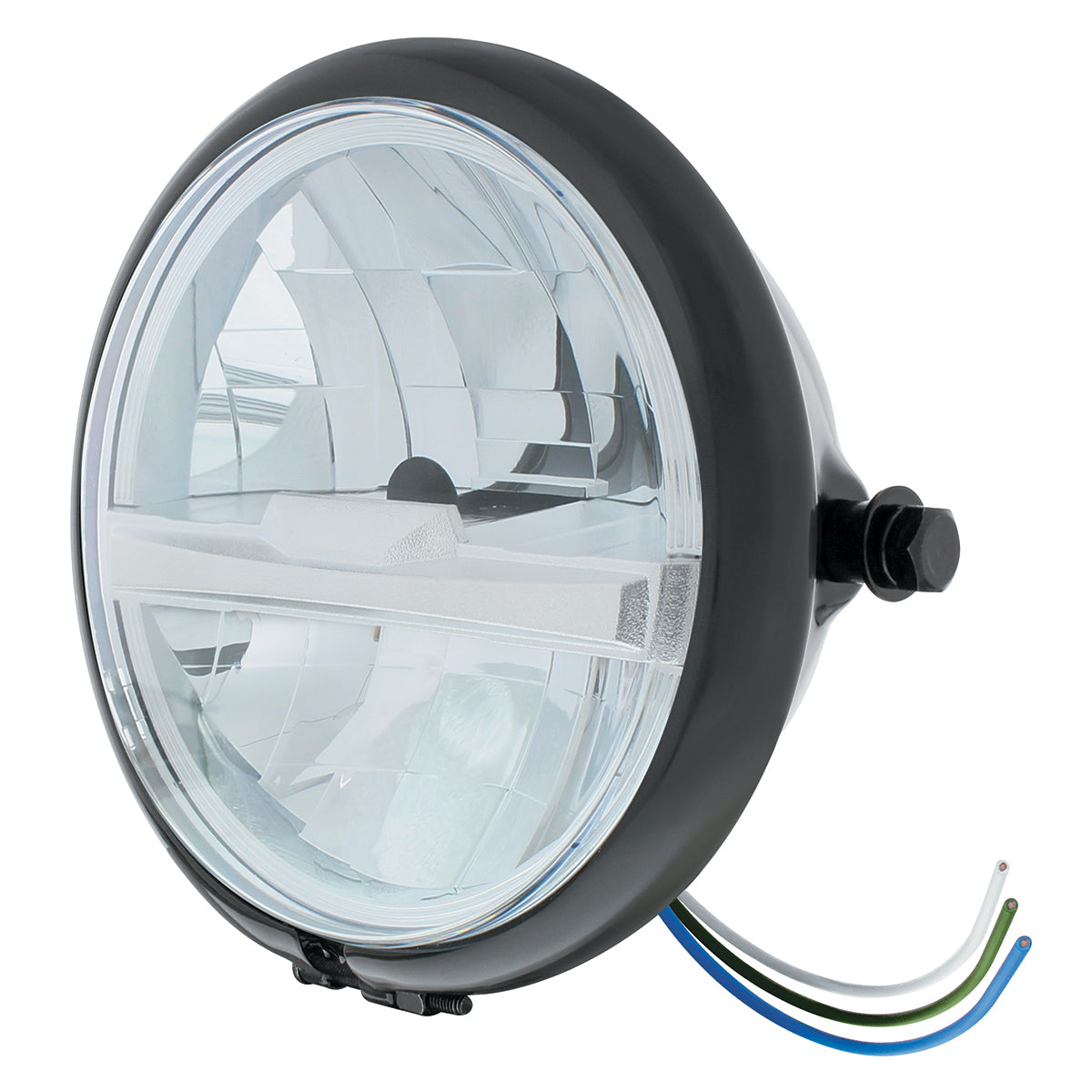 Black 5-3/4" Motorcycle Headlight 8 LED Bulb With Silver Bar - Side Mount