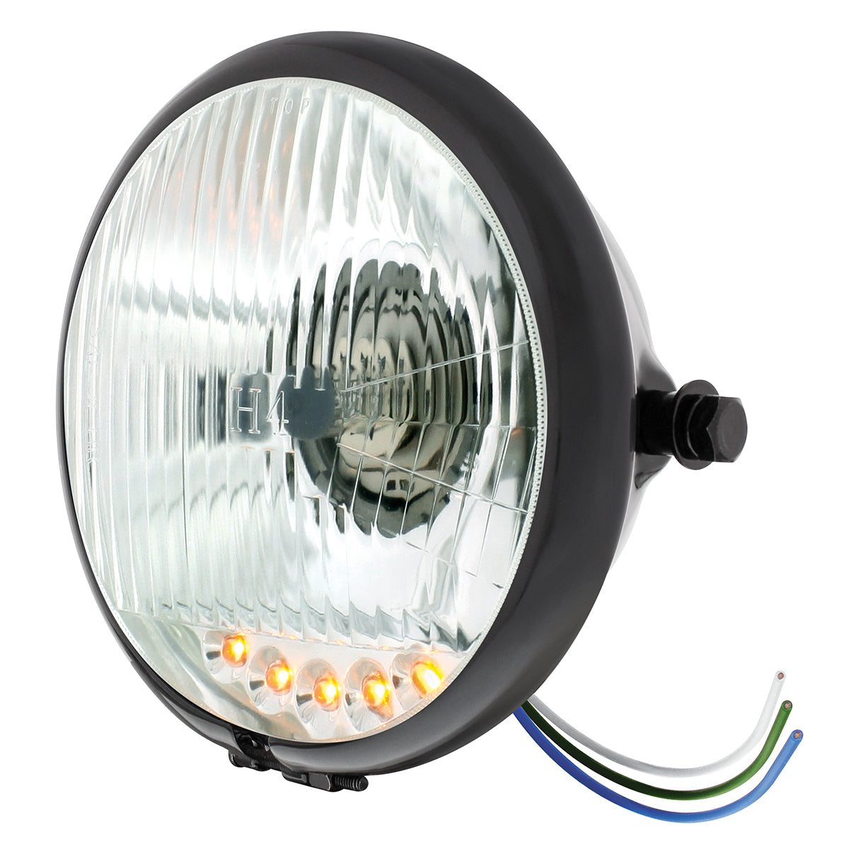 Black 5-3/4" Motorcycle Headlight H4 Bulb With 5 Amber LED - Side Mount