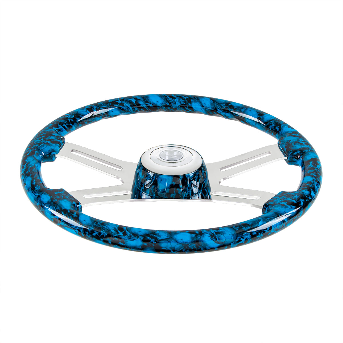 18" 4 Spoke Skull Steering Wheel With Matching Skull Horn Bezel - Blue