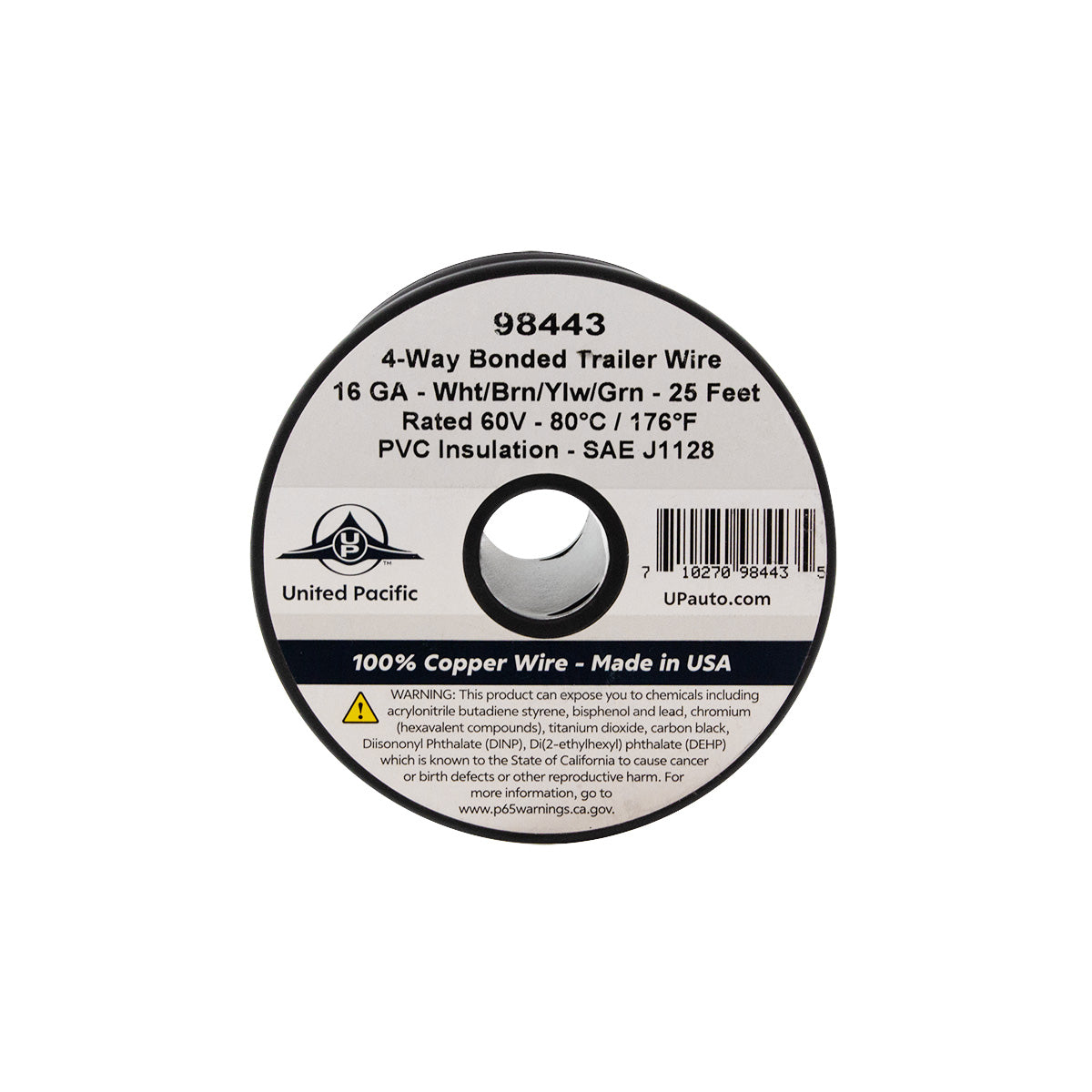 Trailer Wire Bonded - Rated 80°C 16 AWG 4-Way, Wht/Brn/Ylw/Grn 25 Ft.