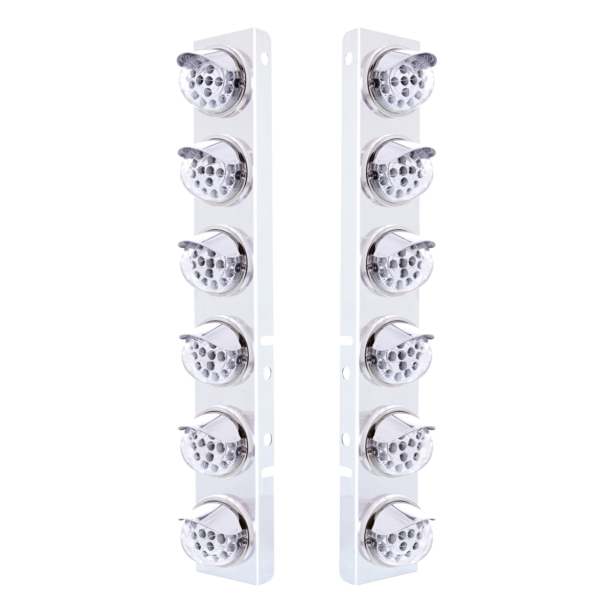 SS Front Air Cleaner Bracket With 12X 17 Amber LED Dual Function Reflector Lights & SS Visors For Peterbilt-Clear Lens