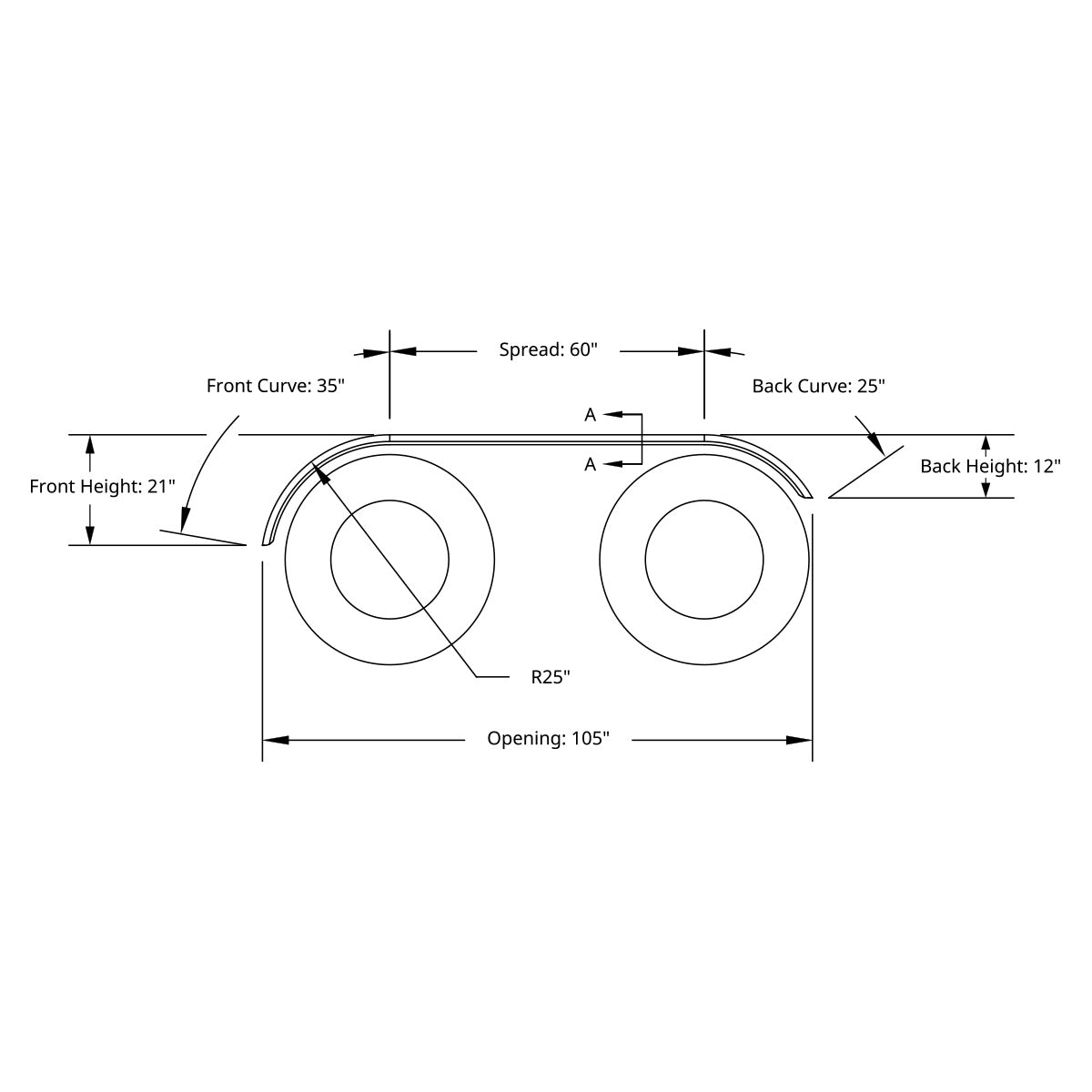 120" 430 Stainless Steel (16ga) Roll Formed Edge Smooth Full Fender 60" Spread - SS Series (Pair)