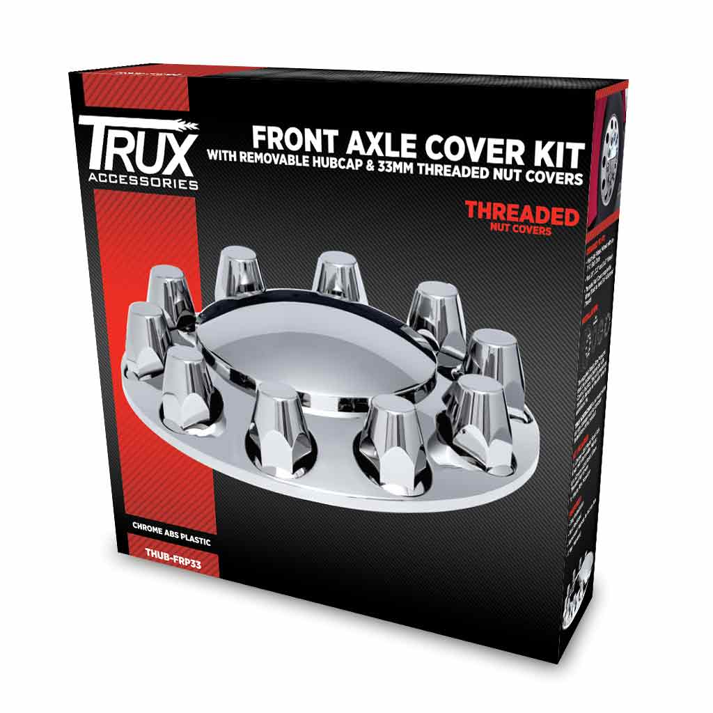 Chrome ABS Plastic Front Axle Cover Kit with Removable Center Cap & 33mm Threaded Nut Covers