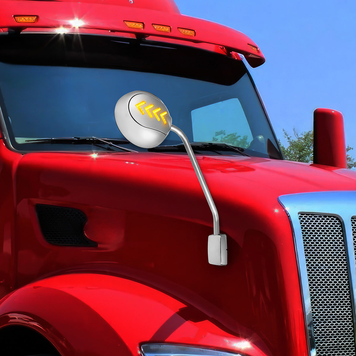 Chrome Hood Mirror Assembly With Sequential LED Turn Signal For 2013-2021 KW T680 & 2012-2021 PB 579-Driver