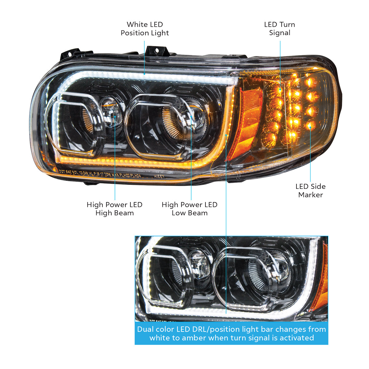 High Power LED "Blackout" Headlight With 16 LED Turn & 57 LED Bar For 2008-2024 Peterbilt 389- Passenger