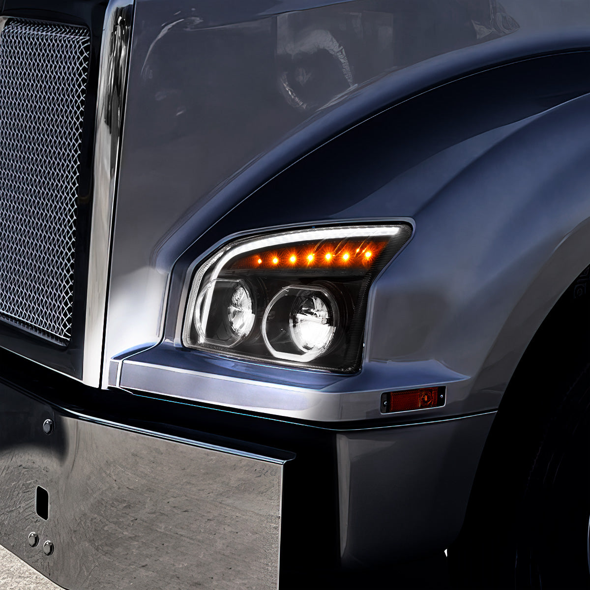 High Power LED Blackout Headlight With LED Turn Signal & Light Bar For 2015-2025 Kenworth T880-Passenger