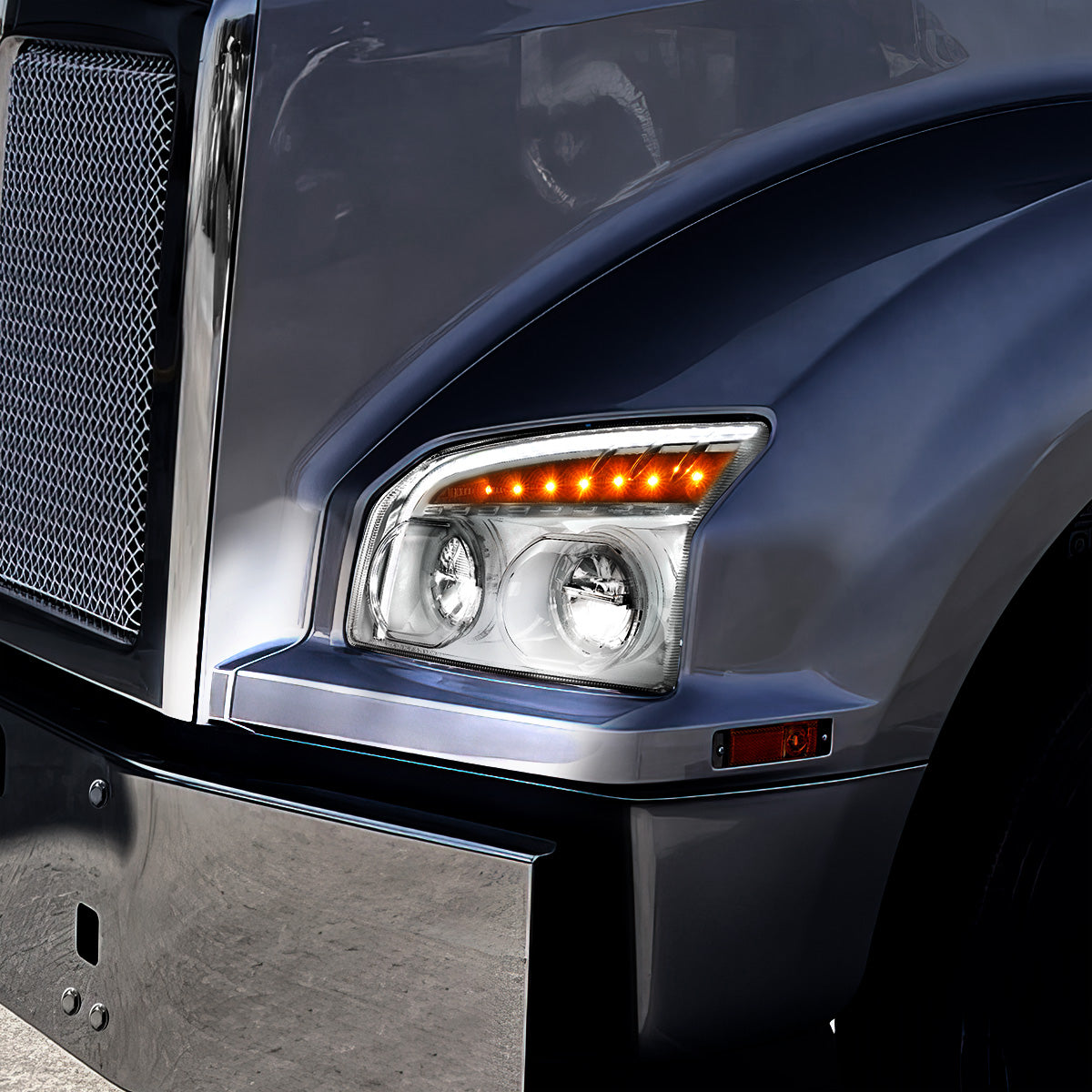 High Power LED Chrome Headlight With LED Turn Signal & Light Bar For 2015-2025 Kenworth T880-Driver