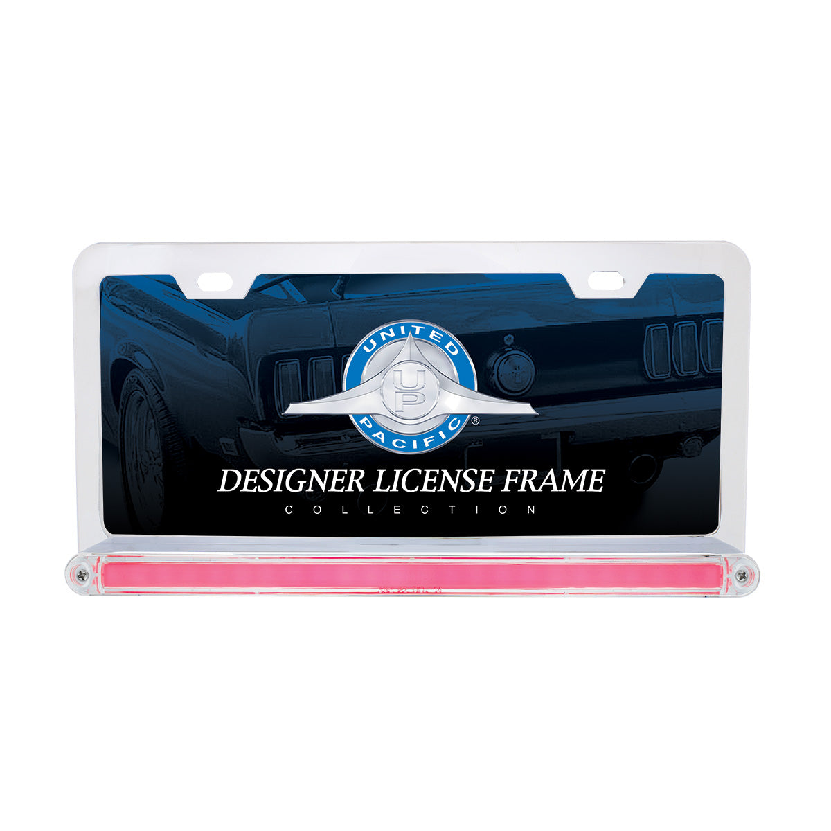 Chrome License Plate Frame With 24 LED 12" GloLight Bar - Red LED/Clear Lens
