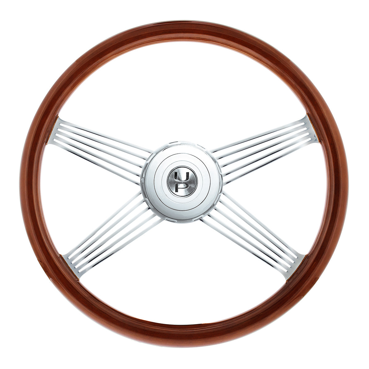 18" Chrome 4 Spoke With Wire Cutout Steering Wheel With Horn Bezel & Button-Wood Grain