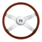 18" Chrome 4 Spoke With Wire Cutout Steering Wheel With Horn Bezel & Button-Wood Grain
