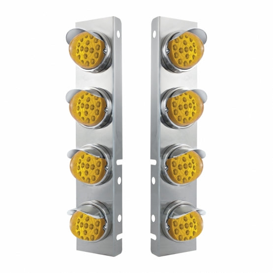 SS Front Air Cleaner Bracket With 8X 17 Amber LED Reflector Lights & SS Visors For Peterbilt-Amber Lens