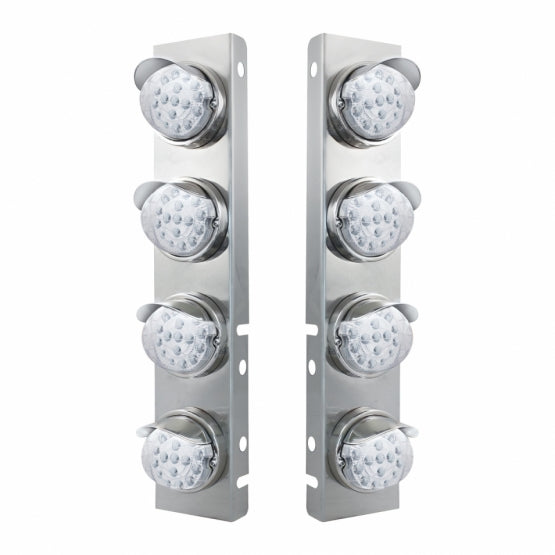 SS Front Air Cleaner Bracket With 8X 17 Amber LED Dual Function Reflector Lights & SS Visors For Peterbilt-Clear Lens