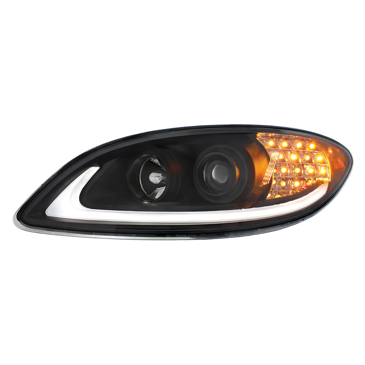 Black Projection Headlight With LED Turn Signal & Light Bar For 2006-2017 International Prostar - Driver