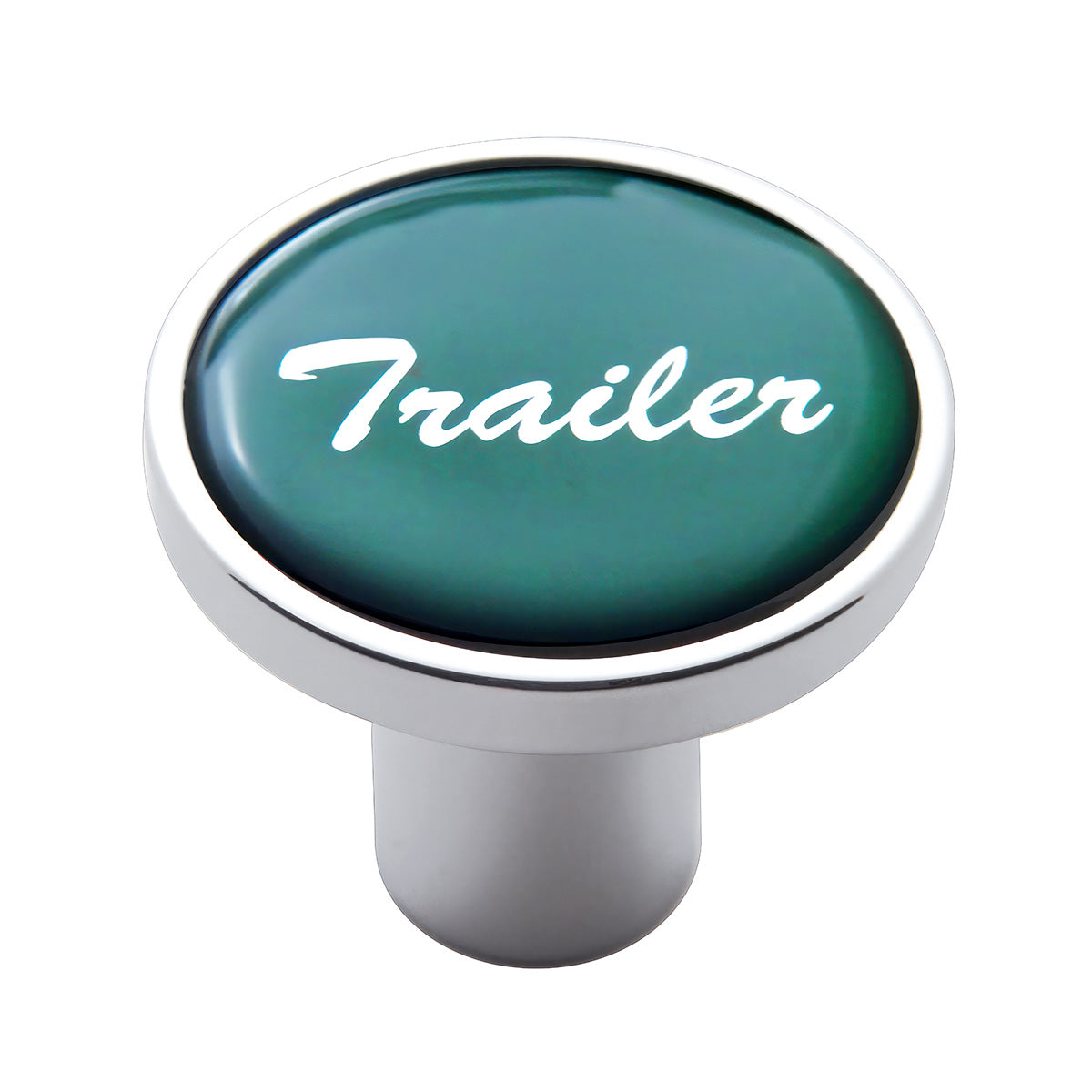 Aluminum Screw-On Air Valve Knob With Glossy Trailer Script Sticker - Green Sticker