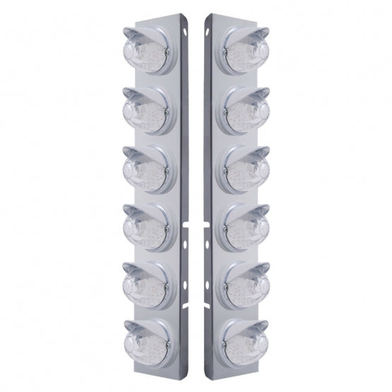 SS Front Air Cleaner Brkt With 12X 17 Amber LED Dual Function Watermelon Lights & Visors For Peterbilt-Clear Lens
