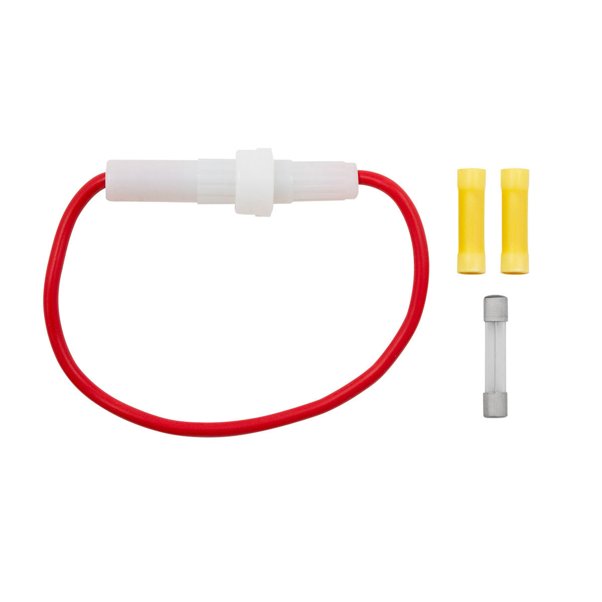 In-Line Glass Fuseholder 12 AWG 6.5" Wire w / (1)20 Amp AGC Fuse & (2)Vinyl Terminals, 1 Set.