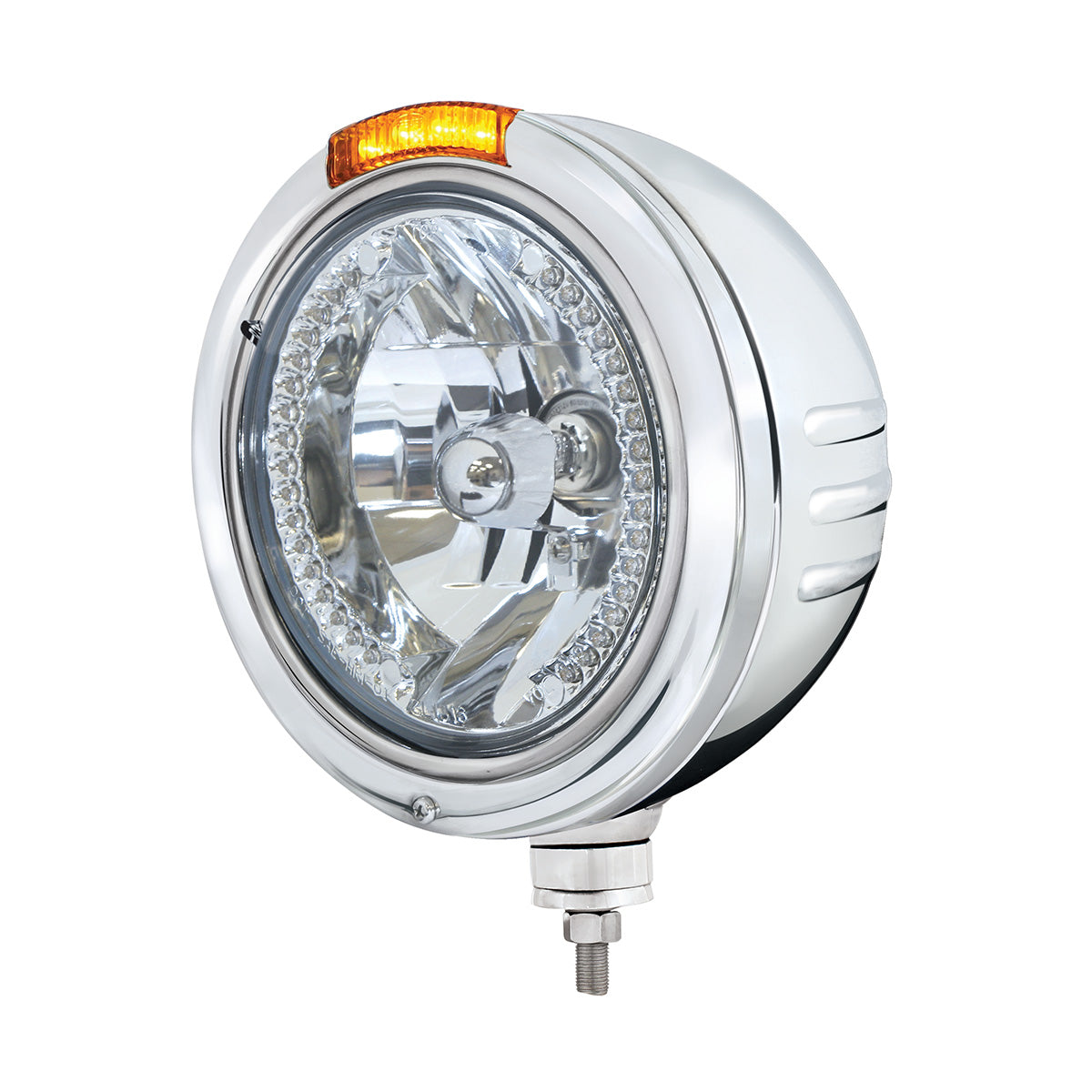 Stainless Steel Bullet Embossed Stripe Headlight H4 With White LED & Dual Mode LED Signal - Amber Lens