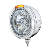 Stainless Steel Bullet Embossed Stripe Headlight H4 With White LED & Dual Mode LED Signal - Amber Lens