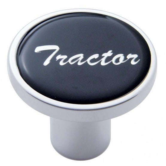 Aluminum Screw-On Air Valve Knob With Glossy Tractor Script Sticker - Black Sticker