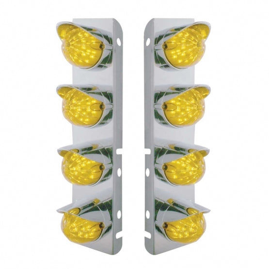 SS Front Air Cleaner Bracket With 8X 19 LED Bullet Style Lights & Visors For Peterbilt-Amber LED & Lens