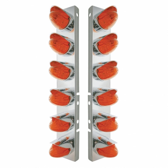 SS Front Air Cleaner Bracket With 12X 19 LED Watermelon Lights & Visors For Peterbilt-Amber LED/Dark Amber Lens