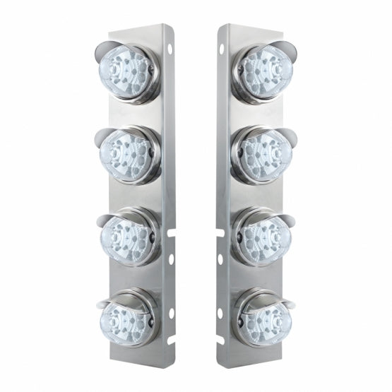 SS Front Air Cleaner Bracket With 8X 17 Amber LED Reflector Watermelon Lights & SS Visors For Peterbilt-Clear Lens