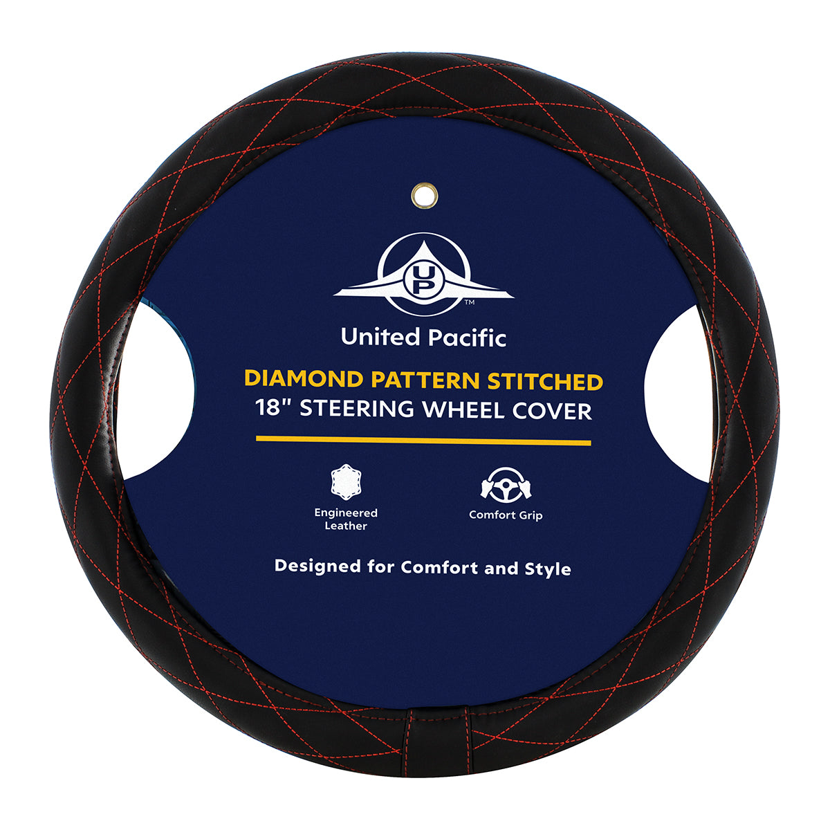 18" Crystal Stitched Leather Steering Wheel Cover - Red Stitching