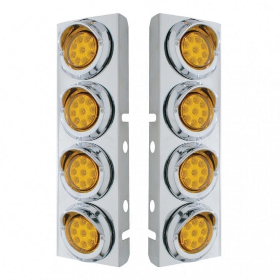 SS Front Air Cleaner Bracket With 8X 9 LED 2" Reflector Lights & Visors For Peterbilt -Amber LED & Lens