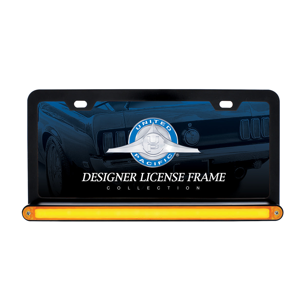 Black License Plate Frame With 24 LED 12" GloLight Bar - Amber LED/Amber Lens