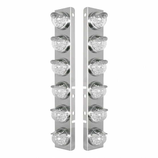 SS Front Air Cleaner Bracket With 12X 17 Amber LED Reflector Lights & SS Visors For Peterbilt-Clear Lens
