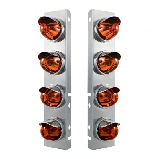 SS Front Air Cleaner Bracket With 8X Glass Watermelon Lights & SS Visors For Peterbilt-Dark Amber Lens
