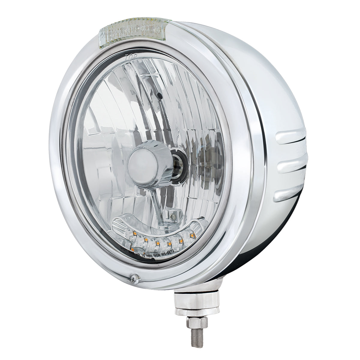 SS Bullet Embossed Stripe Headlight Housing & H4 With 6 Amber LEDs & Dual Mode LED Signal -Clear Lens