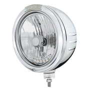 SS Bullet Embossed Stripe Headlight Housing & H4 With 6 Amber LEDs & Dual Mode LED Signal -Clear Lens